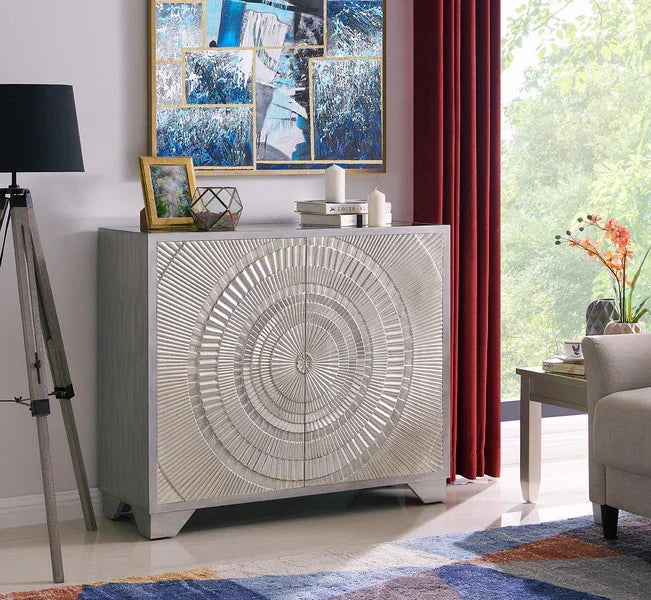 Silver geometric sideboard with textured circular pattern in modern living room