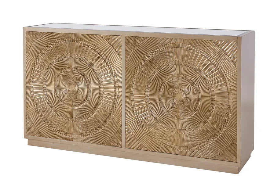 Textured gold sideboard with circular carved wood detail and light wood frame