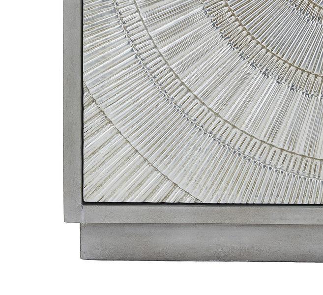 Textured wood cabinet door with carved geometric pattern and light grey finish