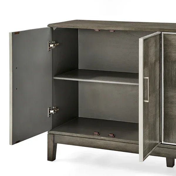 Grey wooden sideboard cabinet with open doors and interior shelf