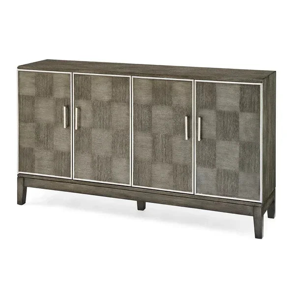Grey wood sideboard with four doors, checkered pattern front and metal handles