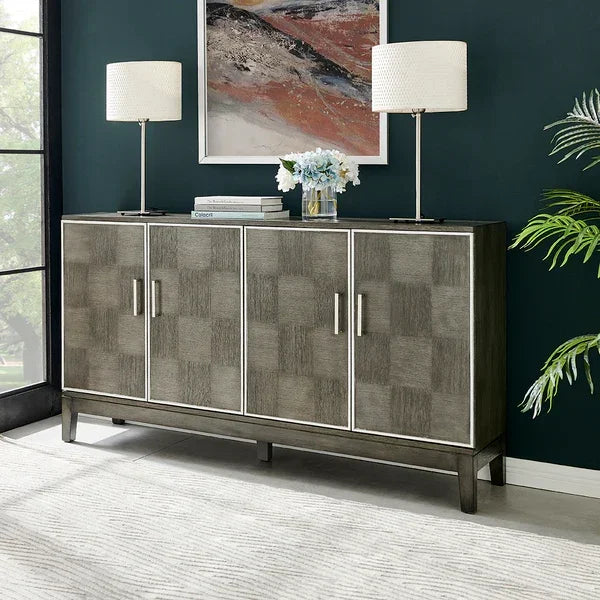 Modern grey sideboard cabinet with metal handles in living room setting
