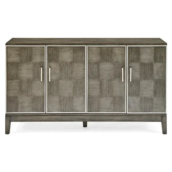 Grey wood sideboard with four doors, chrome handles and checkerboard pattern panels