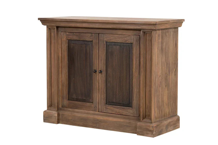 Solid wood sideboard with two paneled doors and natural finish, classic dining room storage