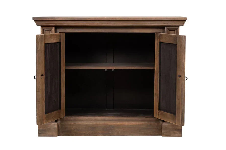 Rustic wooden sideboard with open double doors and interior shelf