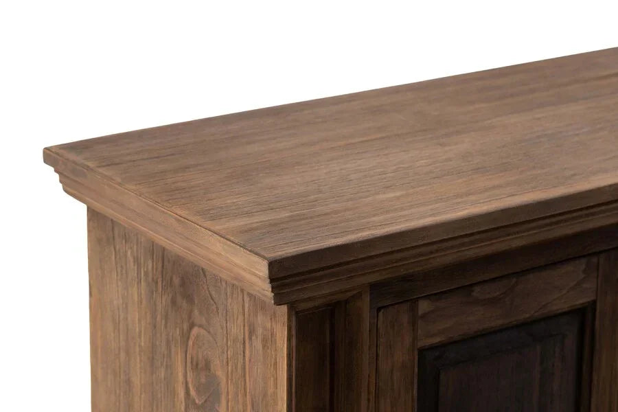 Corner view of wooden sideboard with natural wood grain and smooth finish