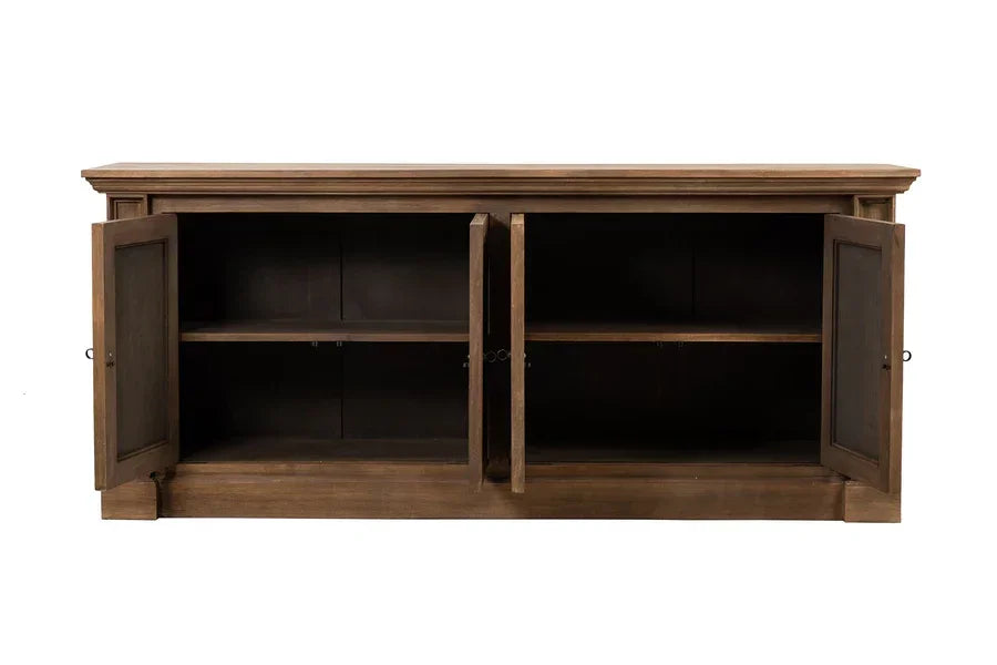 Wooden sideboard with open double doors and internal shelf showing storage space