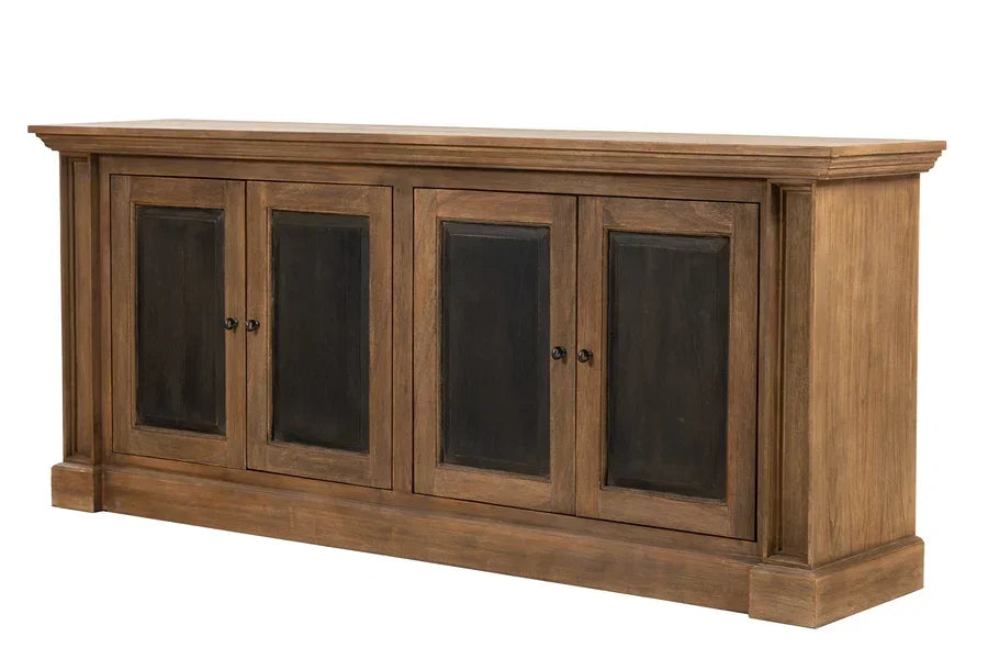 Oak sideboard with four black panel doors and simple rectangular base