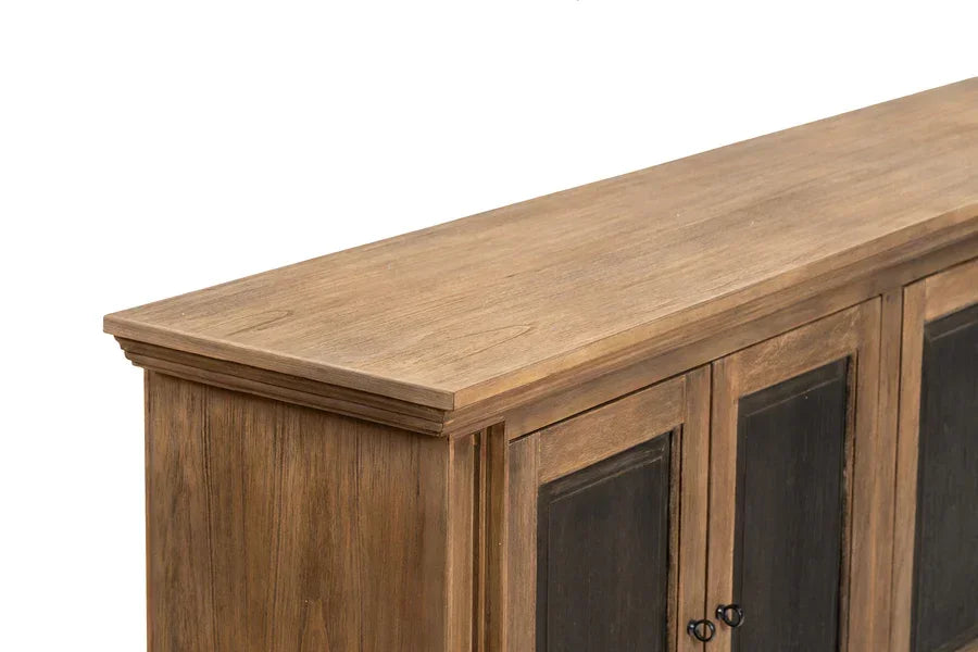 Light oak wood sideboard with black panel doors, close side angle