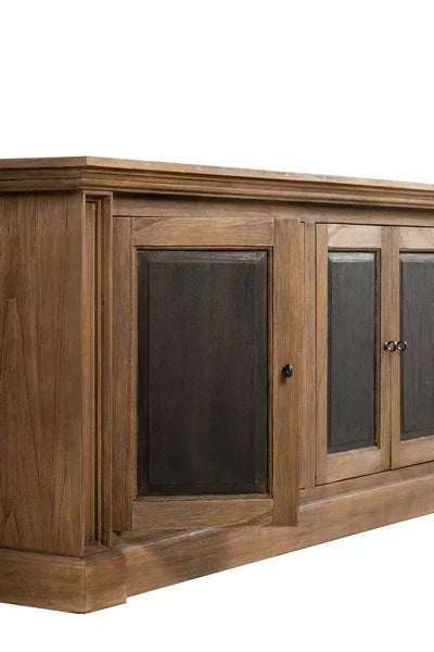 Wooden sideboard with dark panel doors and metal handles, angled front view