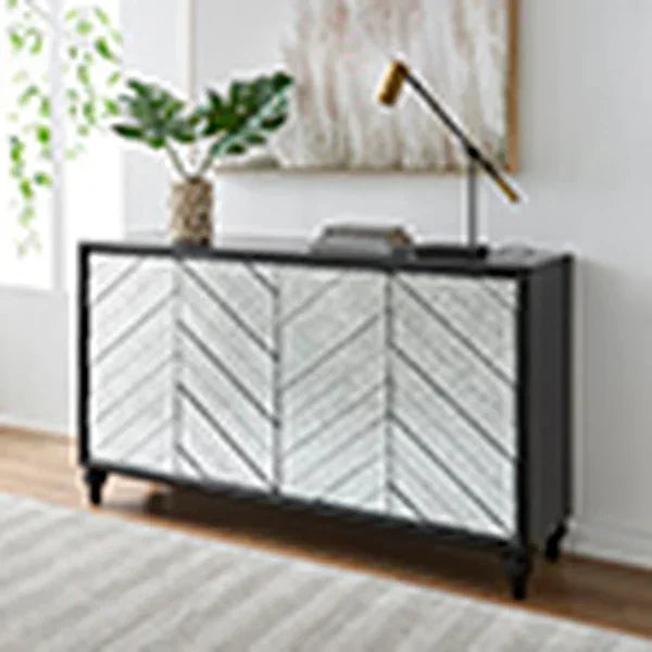 Mirrored sideboard cabinet with chevron pattern doors in modern living room setting