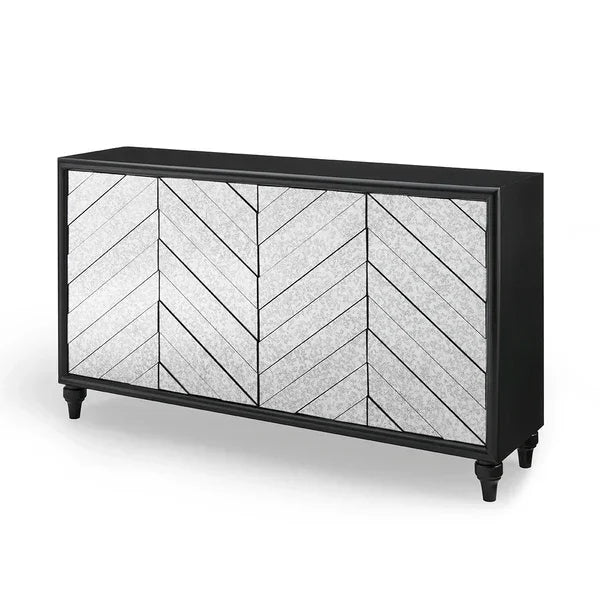 Black sideboard with chevron patterned mirrored doors and tapered legs