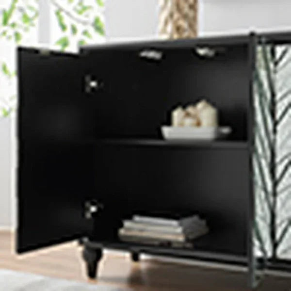 Black sideboard cabinet interior with open door, shelf, books, and candles