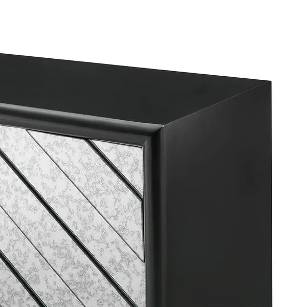 Black wood sideboard corner with diagonal mirrored panel detail