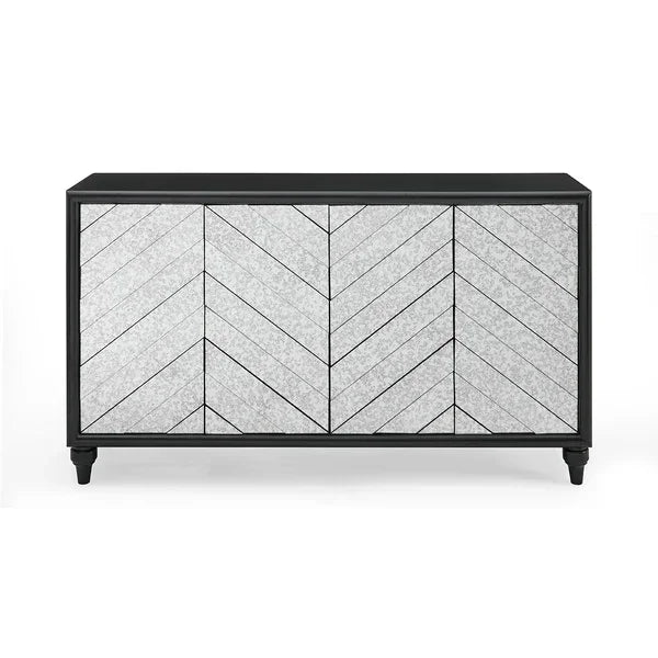 Modern sideboard with chevron patterned doors and black wood frame