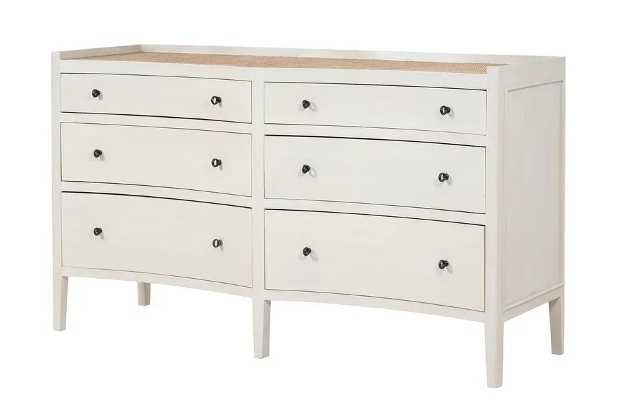 White wooden chest of drawers with six compartments and slim legs