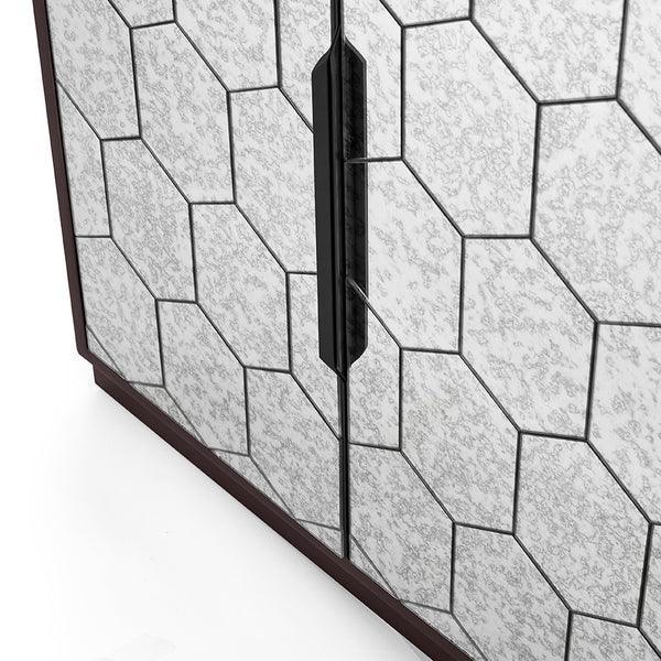 Cabinet doors with geometric mirrored panels and black vertical handle