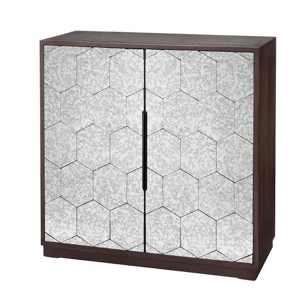 Mirrored cabinet with geometric hexagon pattern and dark wood frame