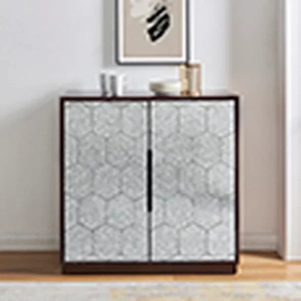 Geometric patterned wooden sideboard with double doors in modern living room setting