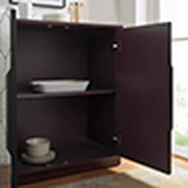 Open wooden sideboard cabinet with shelves and dinnerware inside, natural light background