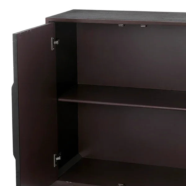 Dark wood cabinet with open doors and interior shelf for storage