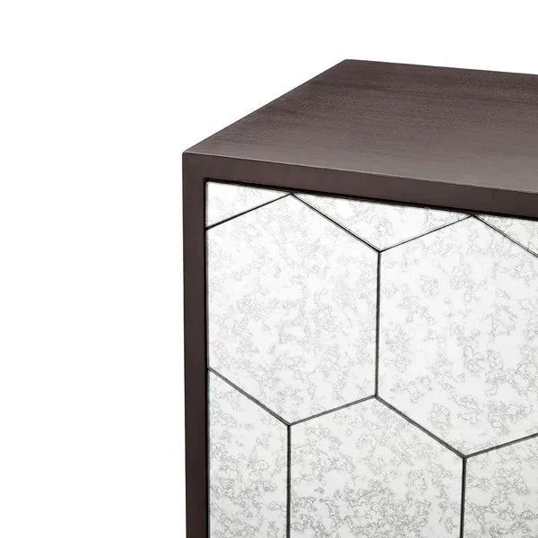 Wooden bedside cabinet with hexagonal mirrored panel detail