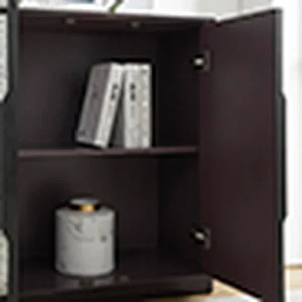 Open dark wood cabinet with shelf, books and a decorative jar inside