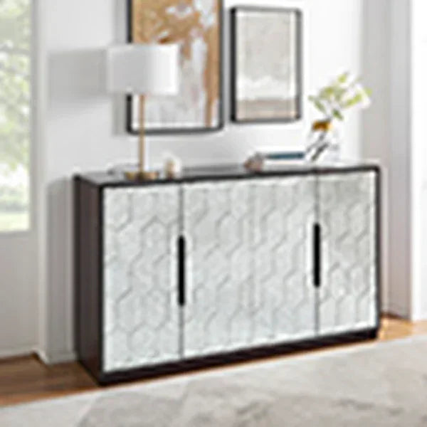 Modern sideboard with geometric pattern doors, dark frame, lamp and decor in living room