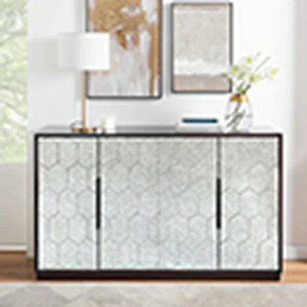 Mirrored sideboard with geometric pattern, three doors, and black trim in a modern living room