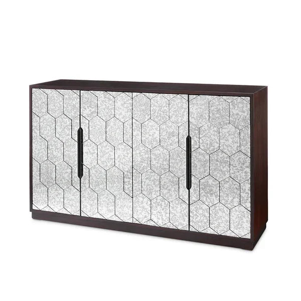 Mirrored sideboard cabinet with geometric hexagon pattern and dark wood frame
