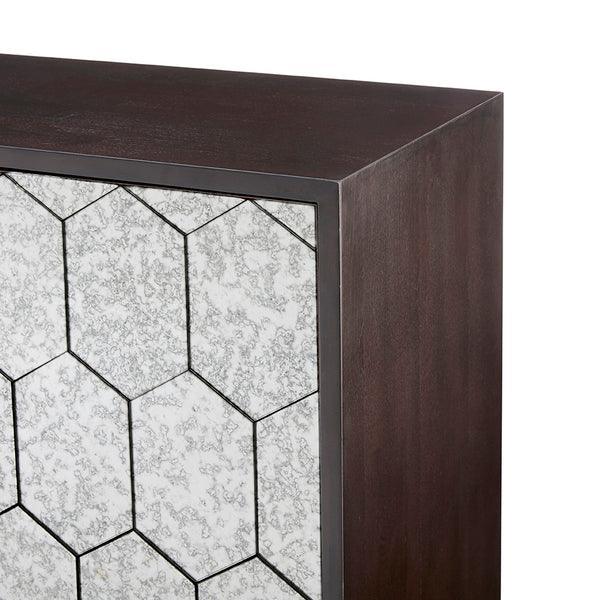Walnut cabinet corner with geometric mirrored front panel detail