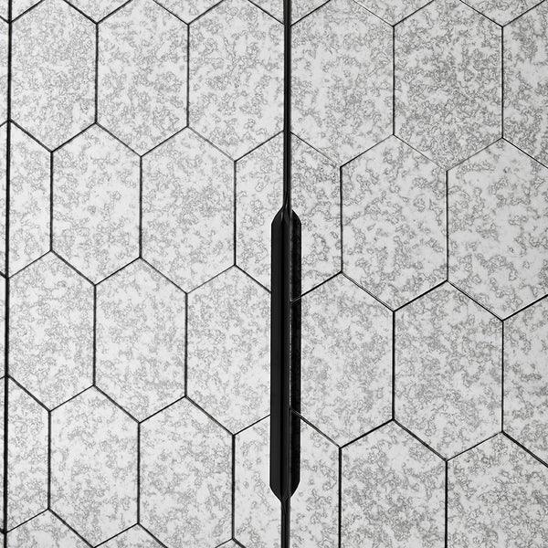 Hexagonal mirrored cabinet doors with black vertical handle