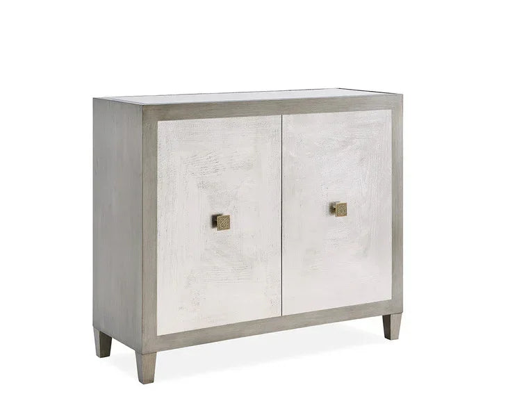 Modern two-door sideboard with light wood finish and square metal handles