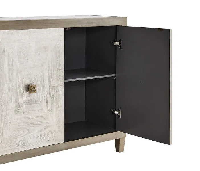 Modern wood sideboard with open cupboard showing adjustable interior shelf