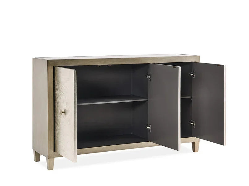 Modern wooden sideboard with two open doors and internal shelf, light oak finish