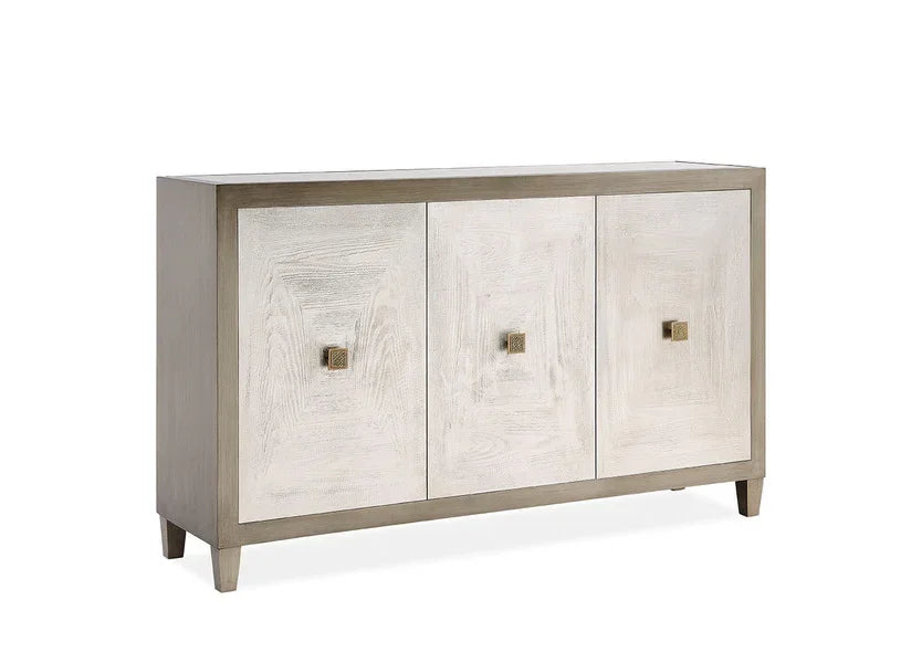 Three door wooden sideboard in light oak finish with square metal handles