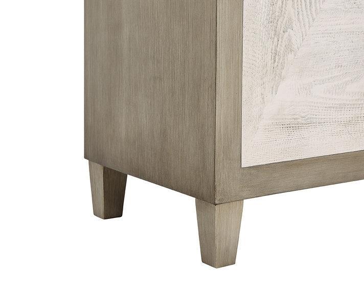 Corner view of wooden cabinet with tapered legs and textured panel detail