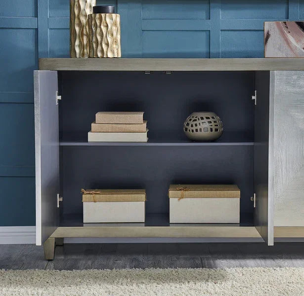 Modern living room storage cabinet with open doors, shelves, books and decorative boxes
