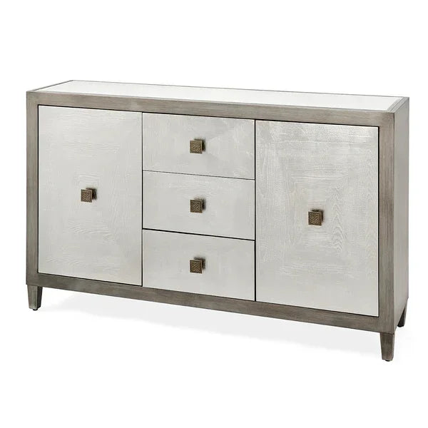 Modern sideboard cabinet with two doors, three central drawers, and square metal handles