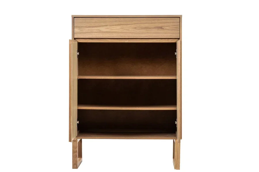 Oak wood cabinet with two open doors, interior shelving and top drawer, front view