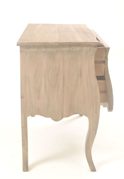 Side view of a wooden chest with curved legs and two drawers