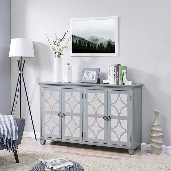 Grey sideboard cabinet with geometric panel doors in modern living room setting