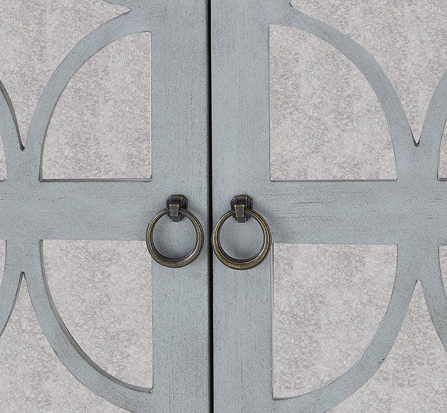 Grey wooden cabinet doors with decorative glass and round metal handles