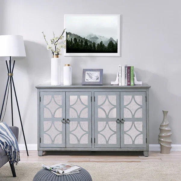 Grey sideboard cabinet with patterned doors in modern living room setting