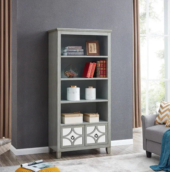 Grey wooden bookcase with open shelves and decorative storage drawers in modern living room