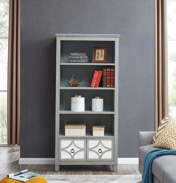 Grey wooden bookcase with shelves, storage drawers, books, and decorative jars in living room