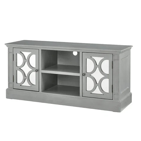 Grey wooden TV unit with geometric mirrored cabinet doors and open shelving