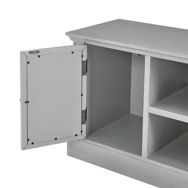 Light grey wooden storage unit with open cupboard door and interior shelving