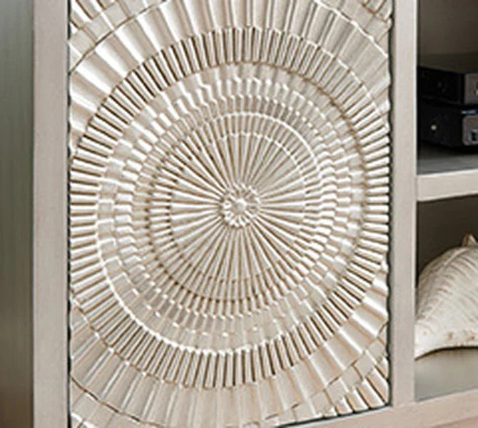 Wooden furniture door with embossed circular geometric pattern in metallic finish