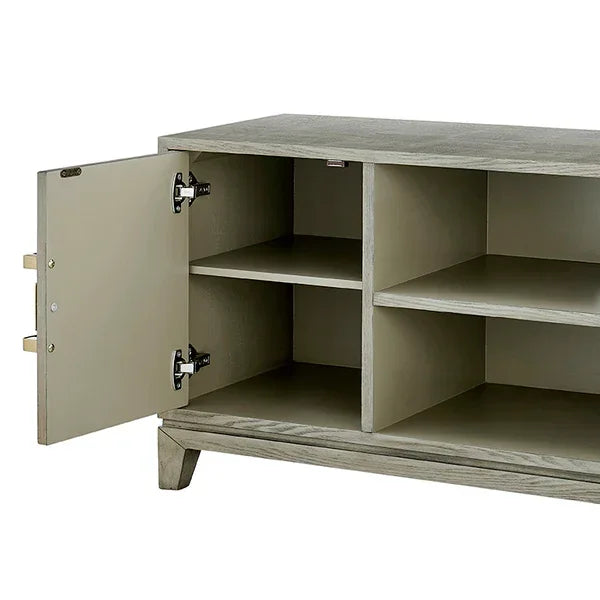 Light wood storage cabinet with open shelving and left door ajar showing interior compartments